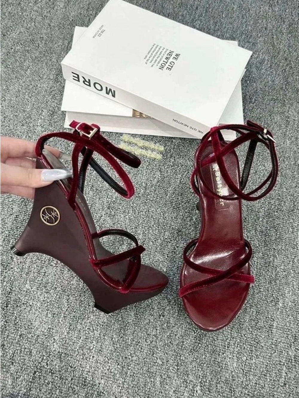 New Women’s Strappy Wedge Sandals in Burgundy
